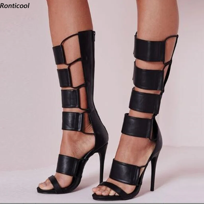 

Ronticool Handmade Women Gladiator Sandals Side Zipper Sexy Stiletto High Heels Open toe Black Casual Shoes US Size 5-13