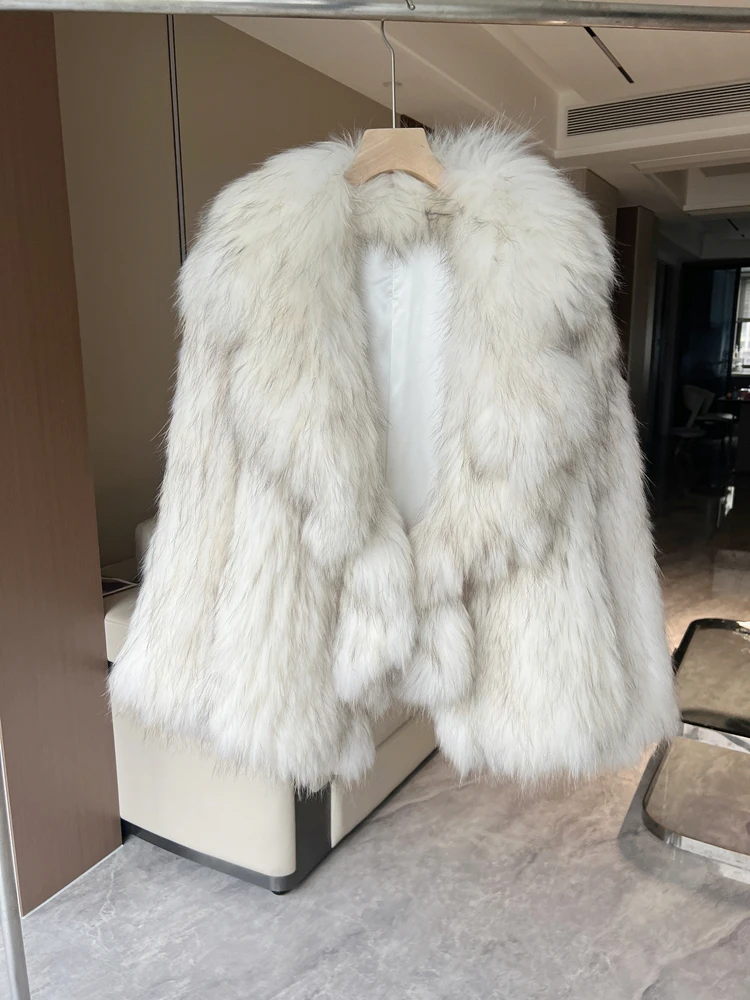 ใหม่ Raccoon Fur ทอเสื้อขนสัตว์ผู้หญิง Ruffle Collar Design