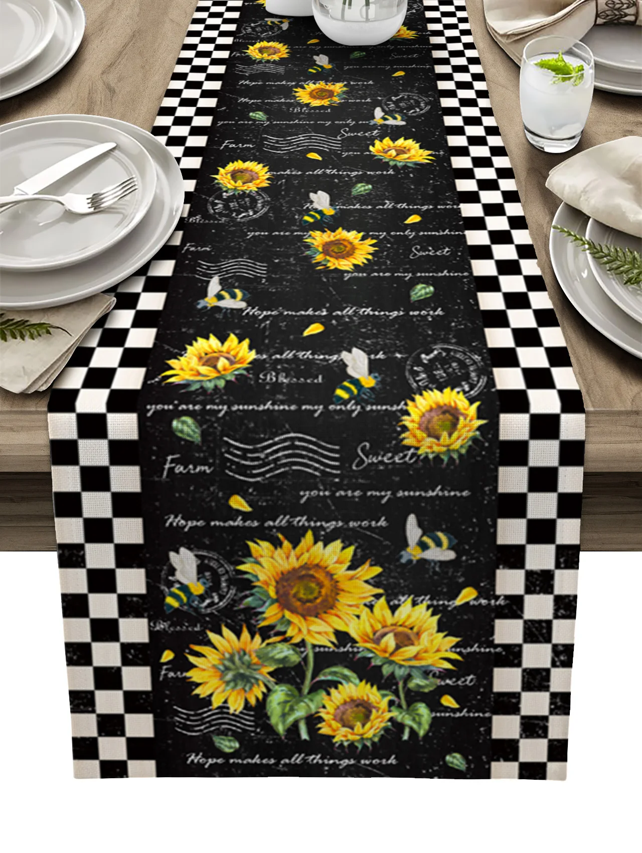 

Retro Flower Sunflower Bee Plaid Linen Table Runners Kitchen Table Decoration Dining Table Runner Wedding Party Supplies