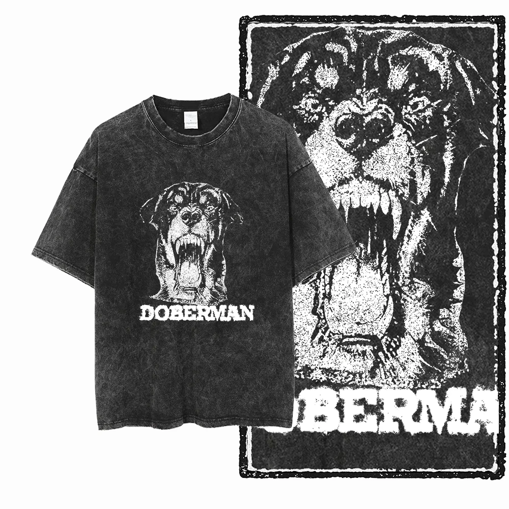 Cool rétro Streetwear femmes T-shirt DCC DOBERMAN chien imprimé acide lavé coton motif exclusif unisexe T-shirt Harajuku