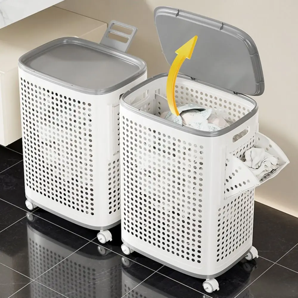 

Foldable Dirty Clothes Basket Large Size Mute Wheels Laundry Basket High Capacity Hollow Out Bathroom Organizer Apartment Living