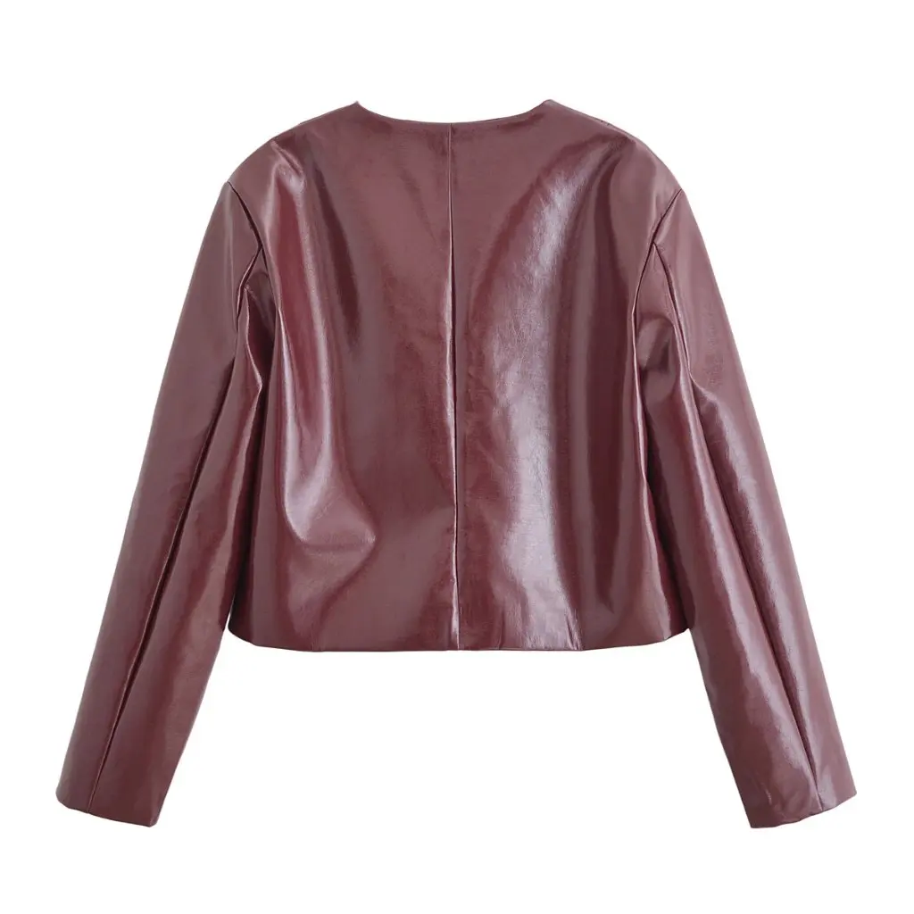 Moda europea y americana Color sólido cuello redondo chaqueta de cuero de imitación abrigo de mujer de manga larga primavera nuevo A769085