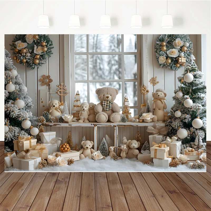 Christmas Bear Backdrop White Wood Wall Flower Wreath Christmas Tree Background For Photography Children Decoration Photo Studio