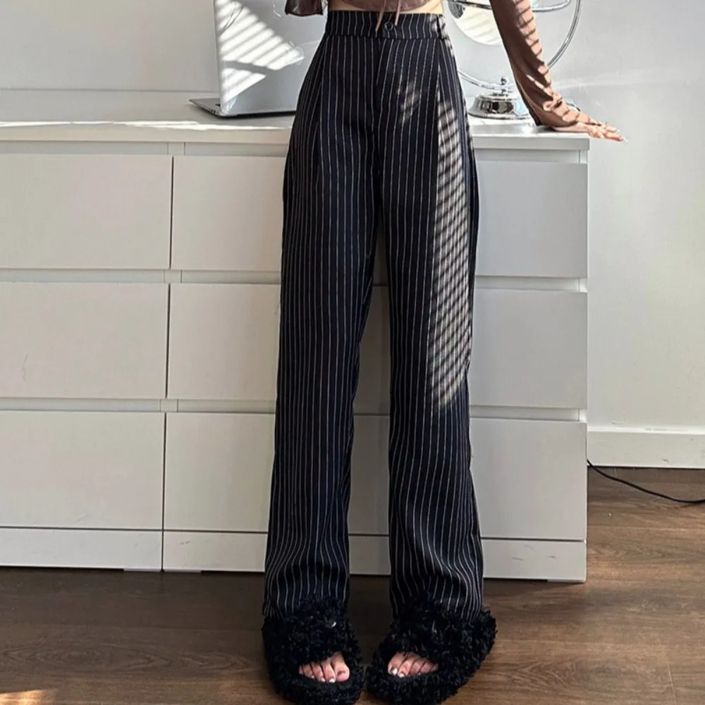 

Loose Stripe Straight Leg Pants Workout Trousers High Waist Casual Pants Women Drape Feeling Autumn Striped Suit Pants Female