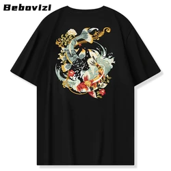 Summer Chinese Style Exquisite Embroidery Koi Short Sleeved T-shirt Hip Hop TShirt Fashion Vintage Cotton Tops Men Clothing
