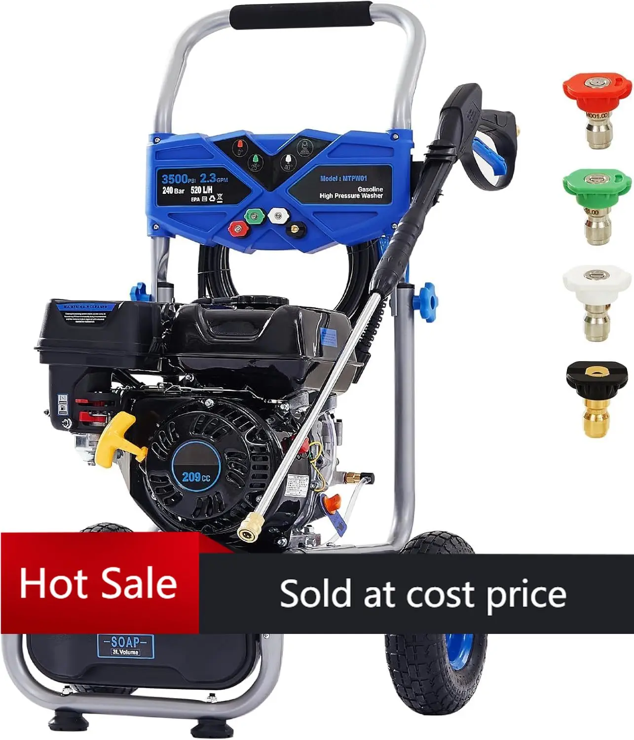 

Бензиновая мойка высокого давления 3500 PSI, 2.3 GPM, сверхмощная, с двигателем 209CC 7HP и шлангом 25 футов, осевой алюминиевый нагнетатель.