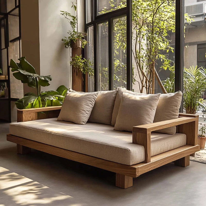 

Log wind natural edge furniture medieval wabi-sabi aesthetic living room hotel straight row double seat all solid wood sofa