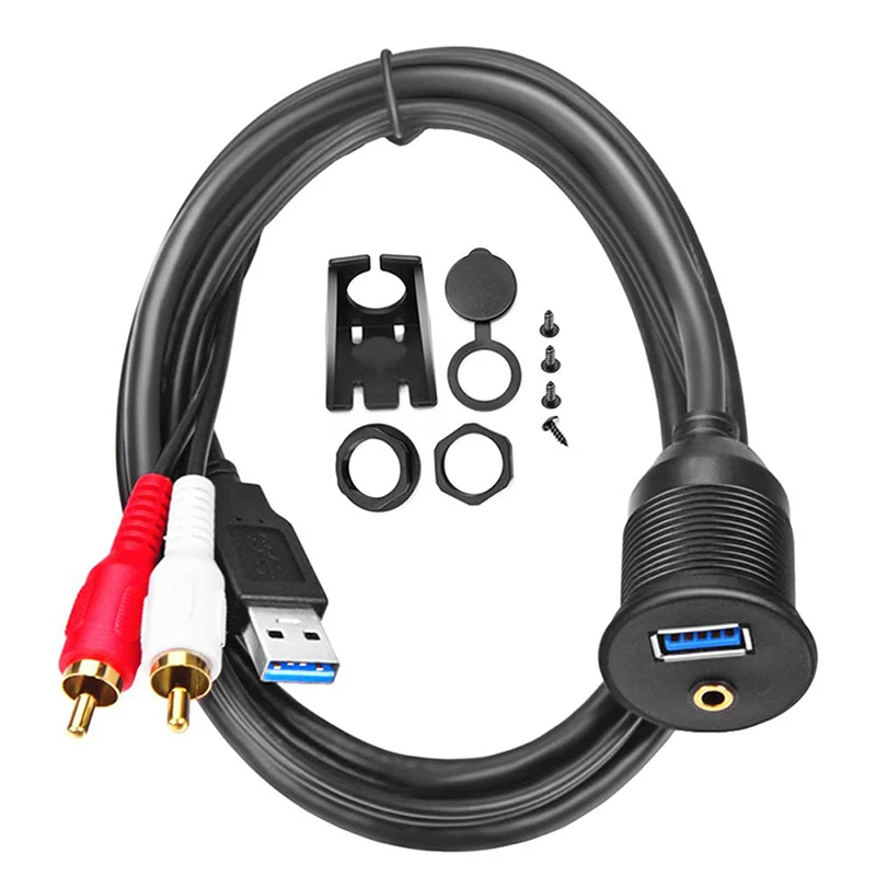 1m 3ft Flush Mount Cable Kit USB 3.0 & 2 RCA To 3.5mm AUX Male To Female Dashboard Panel Extension Cable for Car Boat Motorcycle