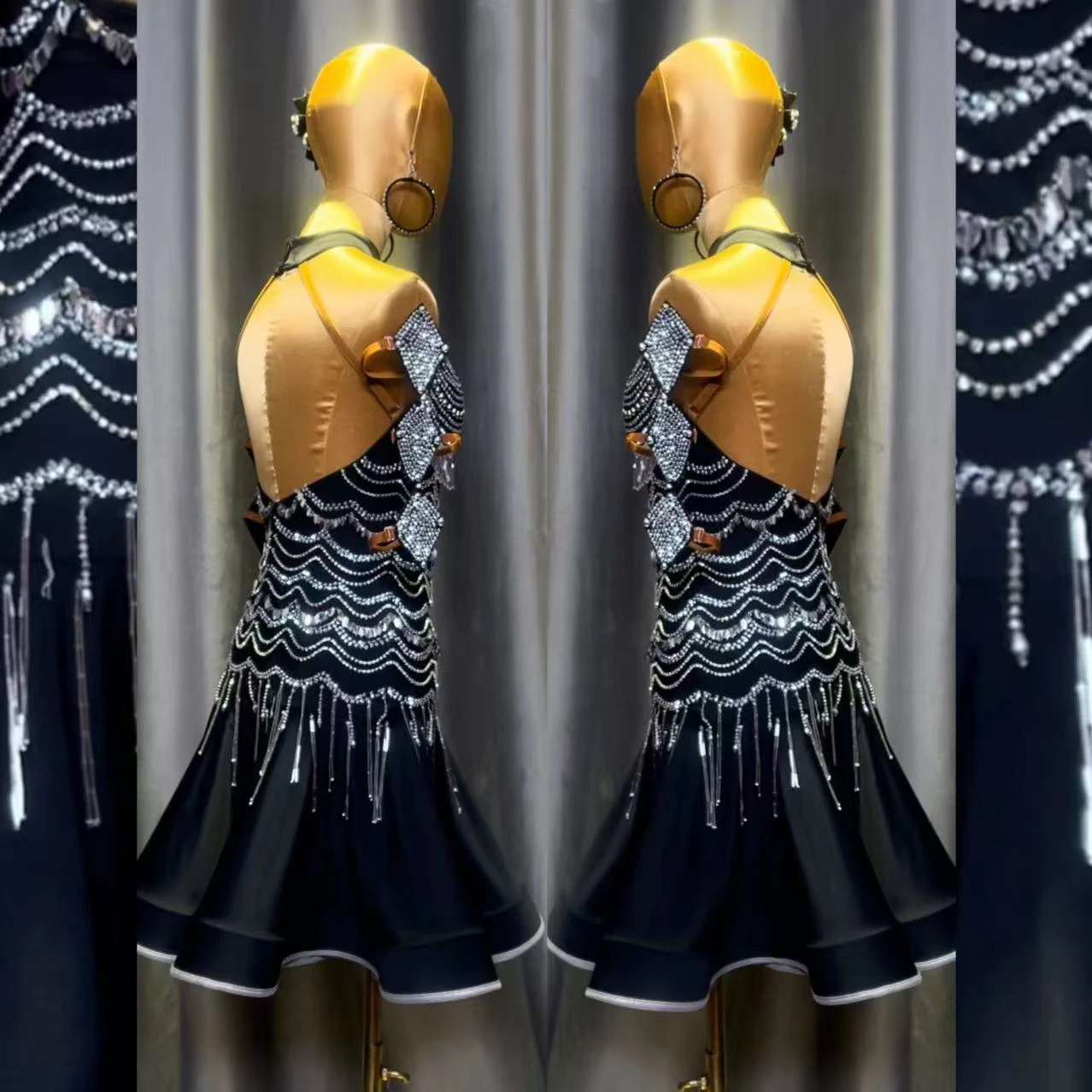 Vestido de baile latino para niños y adultos, piedra AB, alta gama, personalizado, negro, plateado, cuello colgante, gran columpio, ropa de mujer de Tango con precisión