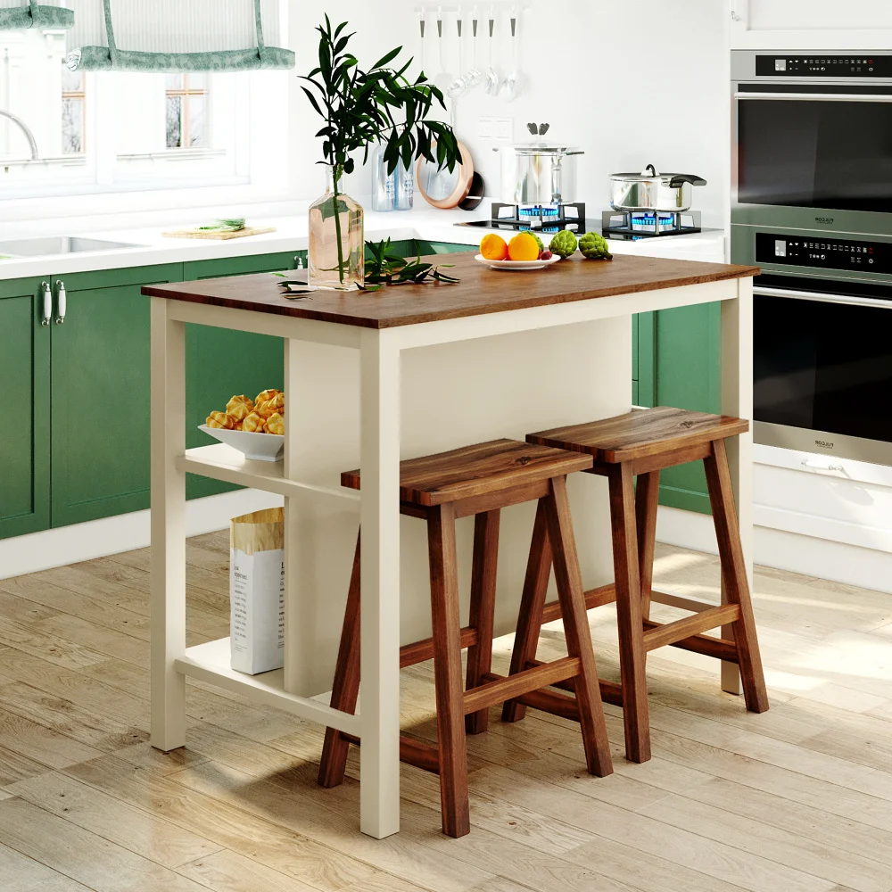 3 Piece Kitchen Island Set with 2 Stools, 45 Inch Butcher Block Dining Table with 2 Open Shelves, Solid Rubber Wood Prep Table for Small Spaces, Walnut and Cream