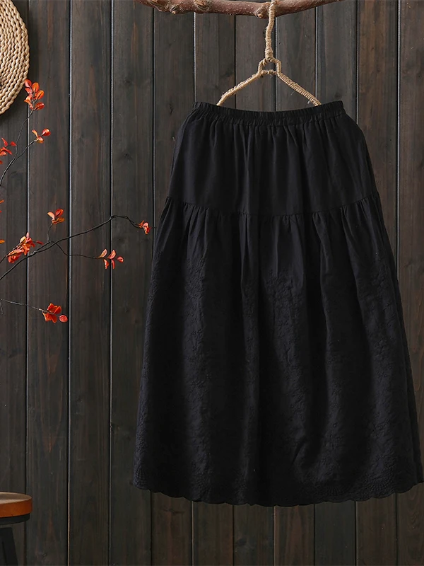 Retro Artistic High Waist A-Line Skirt Women's Summer New Loose Slim Elastic Waist Embroidery Heavy Embroidery Half-length Skirt