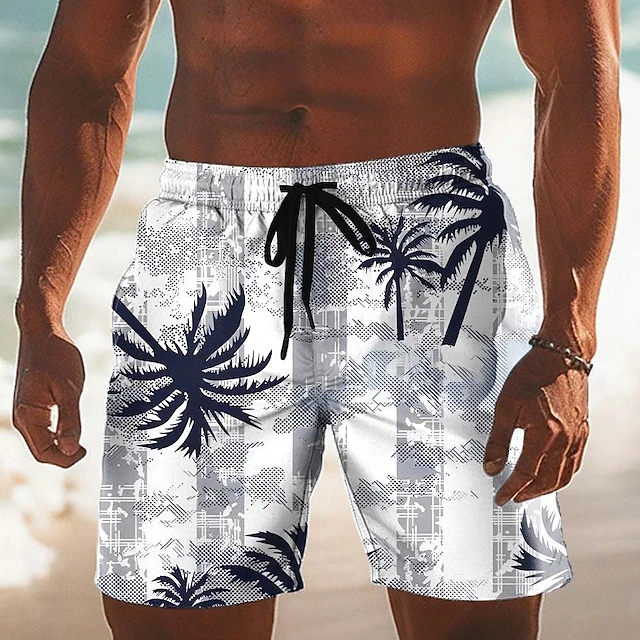 Summer Men's Sunset Tropical Beach Shorts, Palm Tree Print Quick Dry Swim Trunks, Drawstring Waist Board Shorts For Swimming