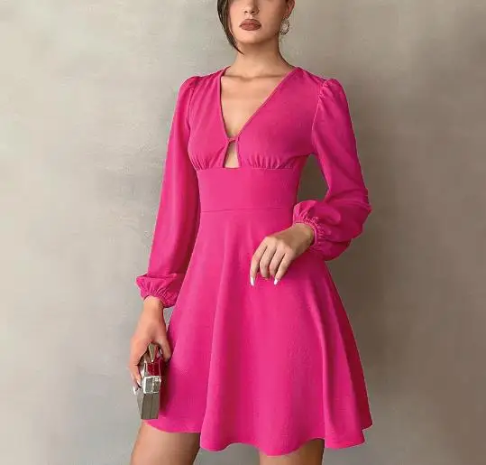 

2026 Autumn Winter New Women's Clothing Sexy Collection Waist Cinched V-Neck Bubble Sleeves A-Line Skirt Temperament Mini Dress