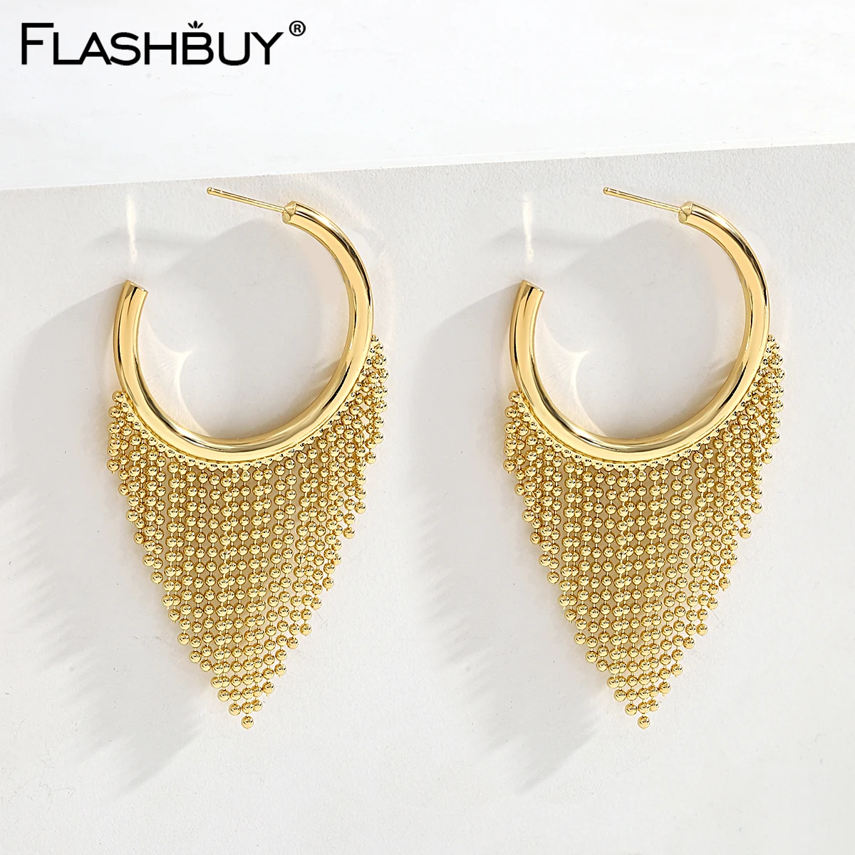 Flashbuy New Trendy Gold Color Beads Tassel Hoop Earrings For Women Charm Alloy Earrings Party Jewelry Teen Gift