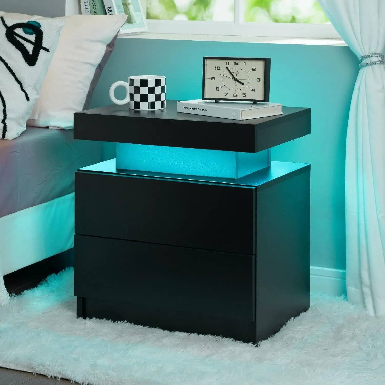 Bedside Table with 2 Drawers, LED Nightstand Wooden Cabinet Unit with Lights for Bedroom, Living Room, Black