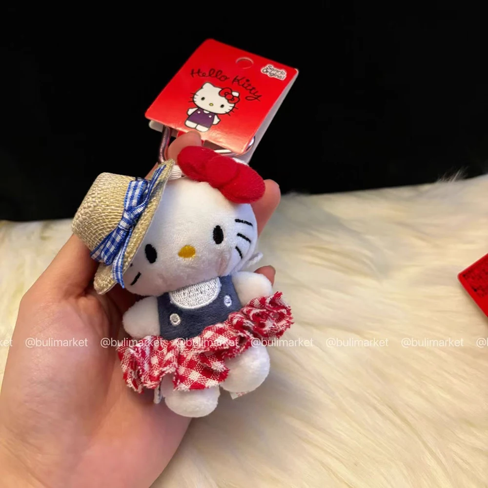 Hello Kitty Sanrio 10Cm llavero de felpa sombrero de paja muñeca Kawaii colgante Anime dibujos animados Plushie juguete regalos de navidad para niños