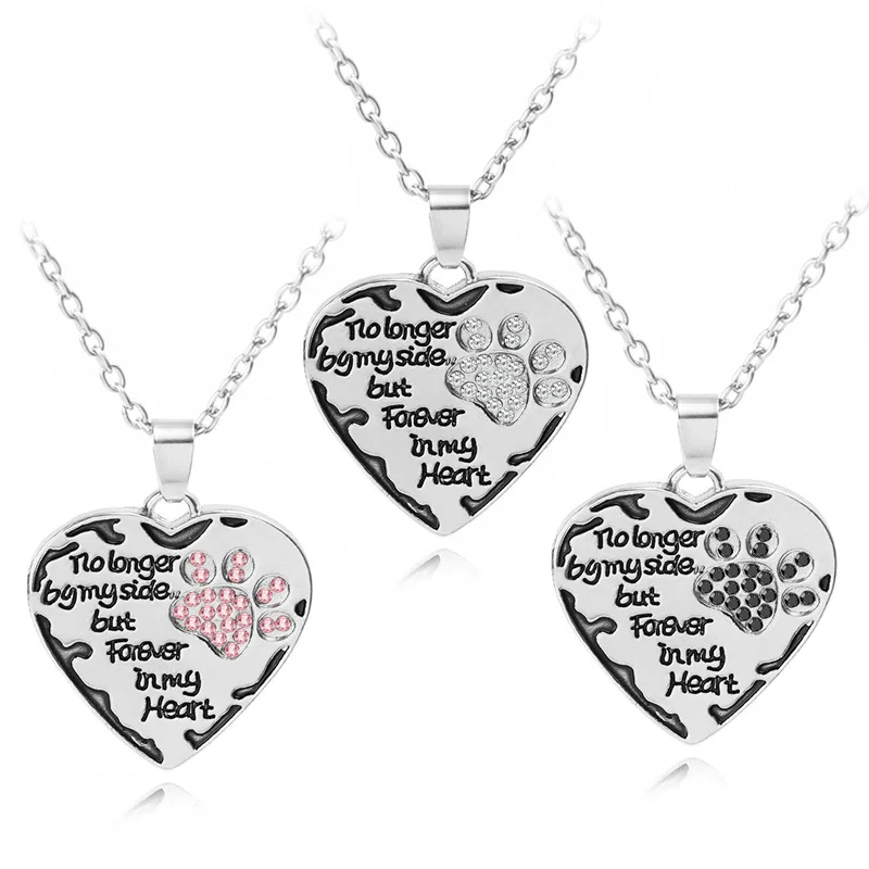 No Longer On My Side But Forever In My Heart Pink White Black Rhinestone Dog Paw Love Metal Pendant Necklace Cute Jewelry Gift