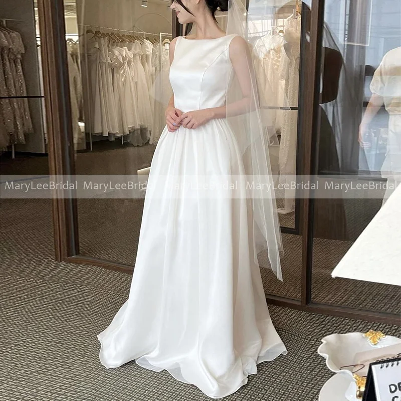 Vestido de novia minimalista sin mangas para playa, traje de novia coreano con escote de Joya, línea A, blanco marfil, barato, sencillo, 2023