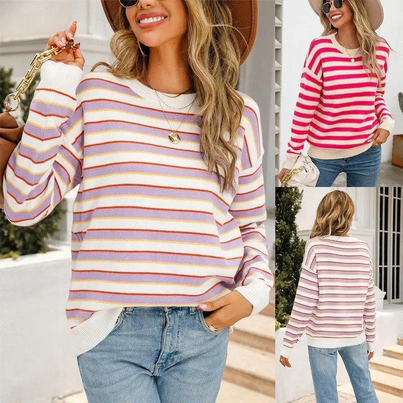 

Женский вязаный свитер в полоску с круглым вырезом, базовая модель, свободный крой, ранняя осень 2025, модный, для повседневной носки, корейская версия, приталенный крой