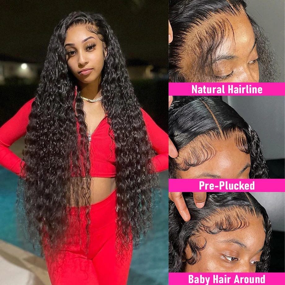 Perruque Lace Front Wig frisée naturelle, cheveux humains, Deep Wave, 13x6 HD, 13x4, 30 40 pouces