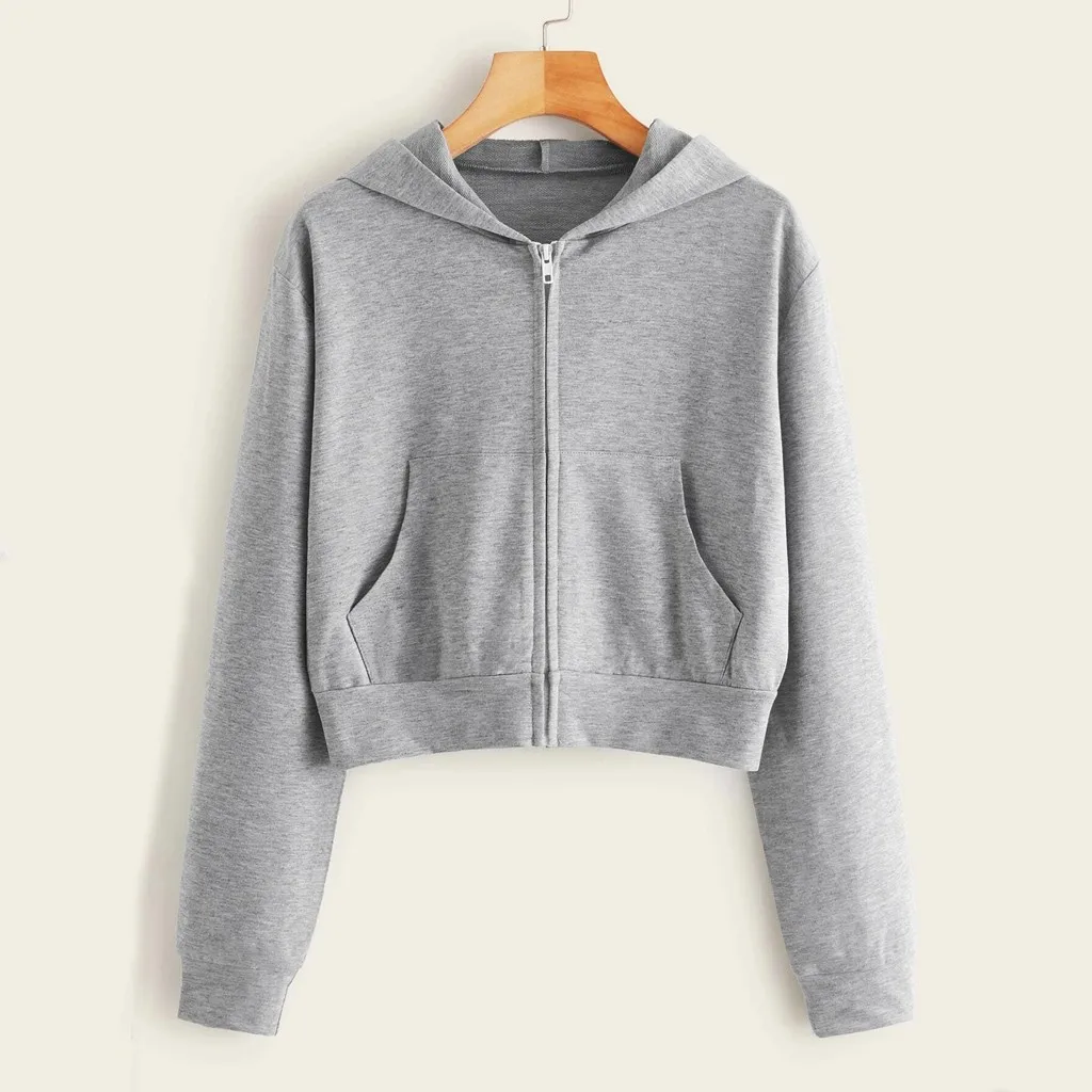 

Casual Grey Crop Top Jacket Women Casual Solid Long Sleeve Zipper Pocket Shirt Hooded Sweatshirt Tops Hoodies Female Ropa Mujer