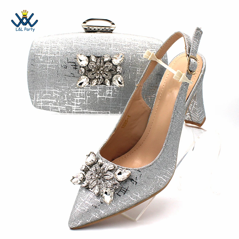Special Design Women Square Heel  African Style Sandal for Ladies Party Shoes Matching Bag in Silver Color