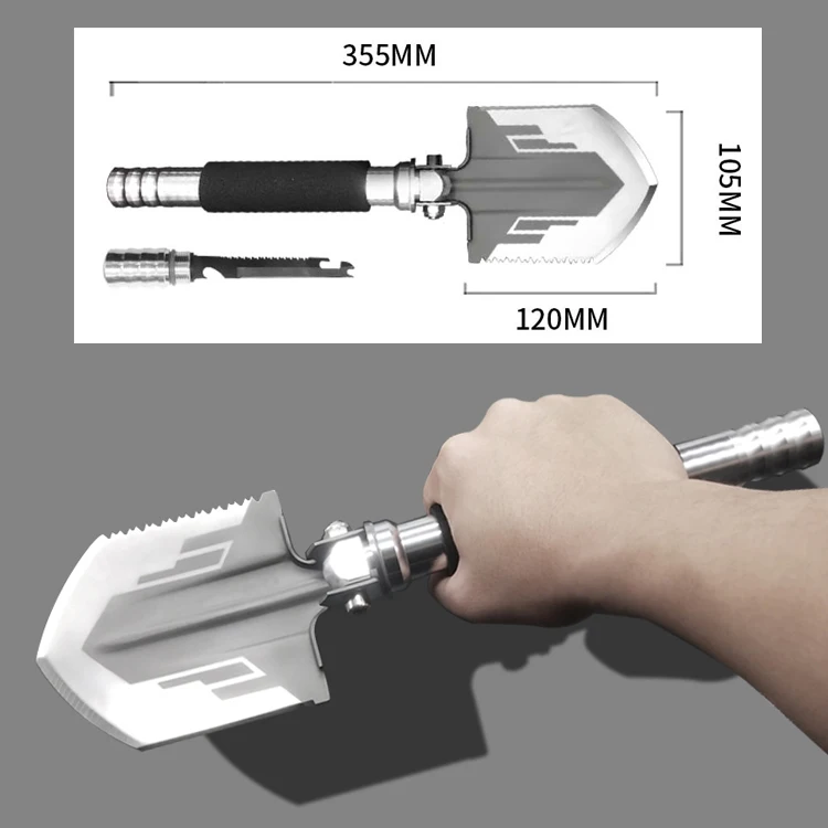 14 inches camping shovel with aluminum alloy handle sponge grip compass knife bottle opener small garden folding snow shovel