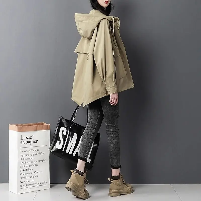 Autumn Mid-length Trench Coat Womens Hooded Jacket Loose Coats for Women Luxury Zip Windbreaker Clothes Mujer Black Khaki Trend