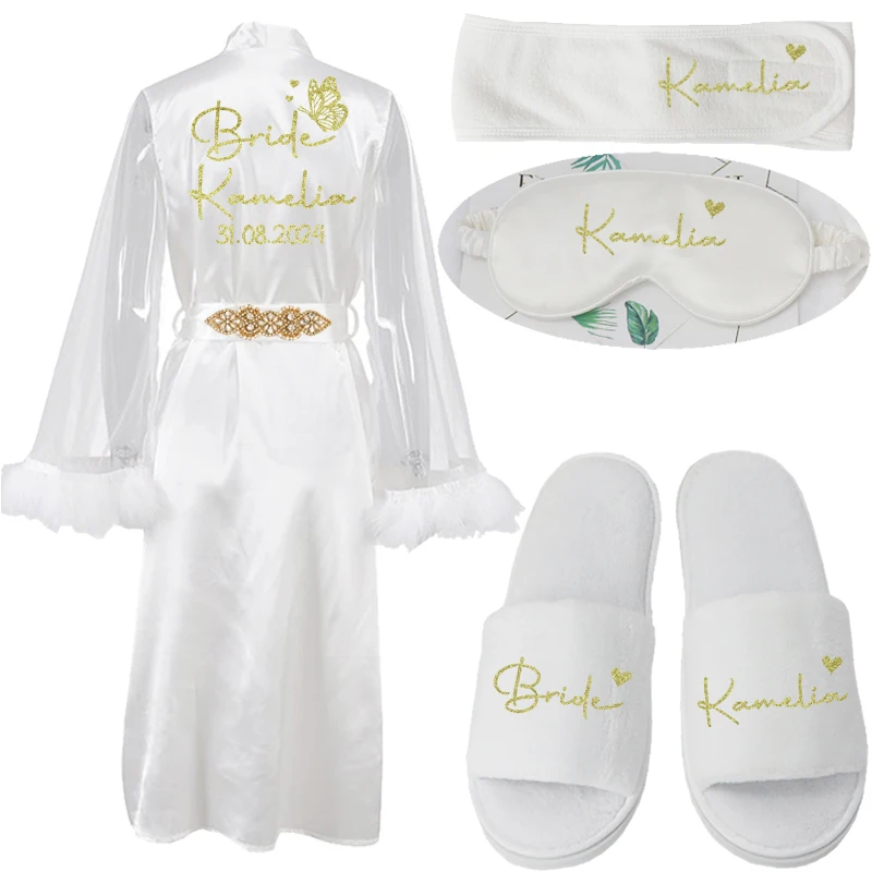 Conjunto de roupão de penas de casamento elegante personalizado, roupão de noiva, roupa de dormir, presentes de festa de aniversário