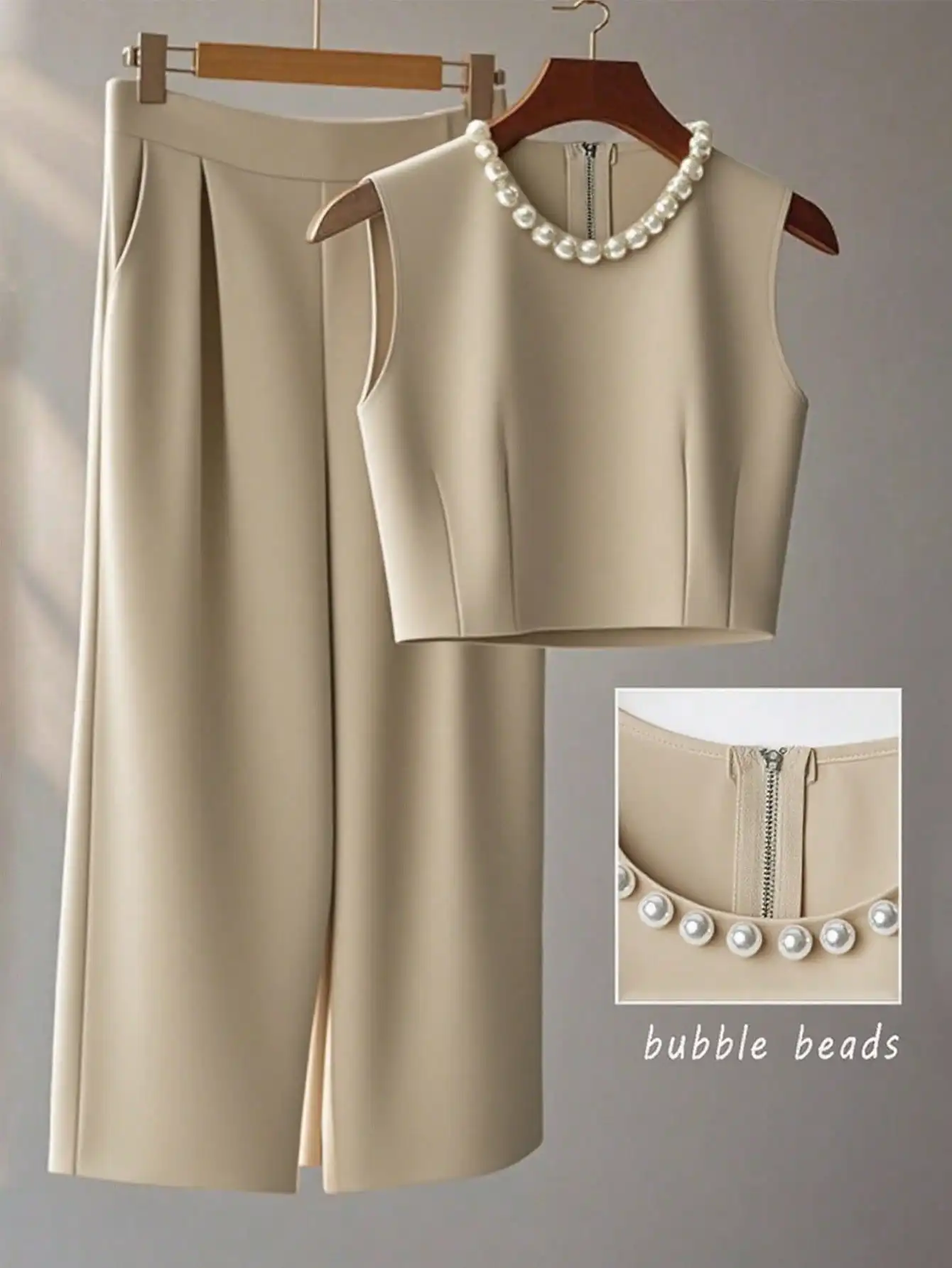 프랑스 고급 시크 3D 비즈 장식 민소매 탑 레이어드 와이드 레그 팬츠 여름 투피스 정장 여성용 S