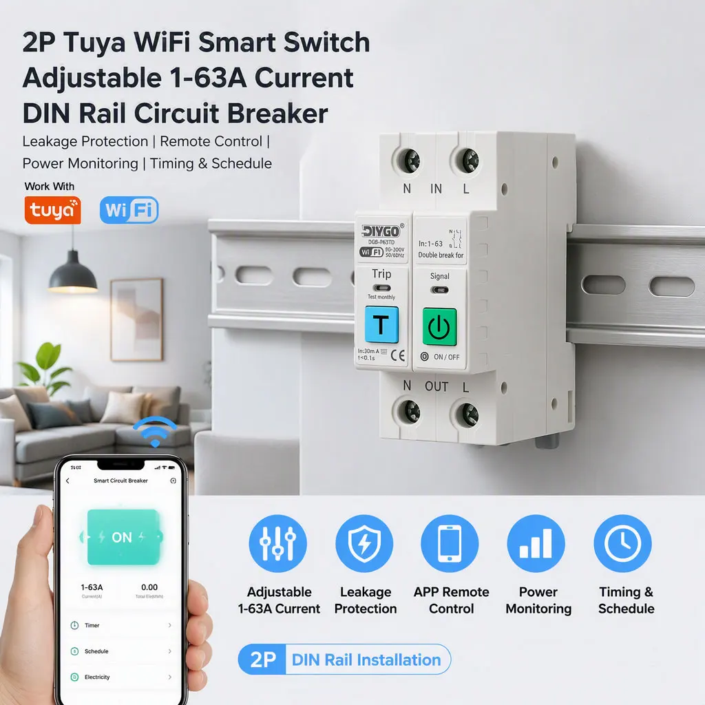 DIY GO TUYA 2P Leistungsschalter WIFI Smart Switch 1-63A Energiezähler Spannungs- und Stromüberwachung Leckageschutz Relais-Abschaltung L+N