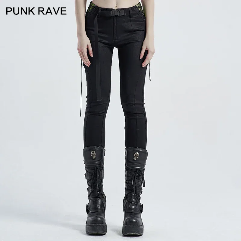 PUNK RAVE Women\'s Punk Handsome Skinny Leggings Streetwear Bandage Design Casual Trousers Waist Side Yellow-green Splicing