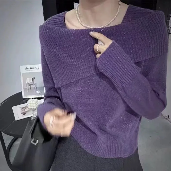 Otoño Invierno nueva moda mujer Color sólido Simple básico elegante Casual moda Slash cuello manga larga suéter de punto jersey