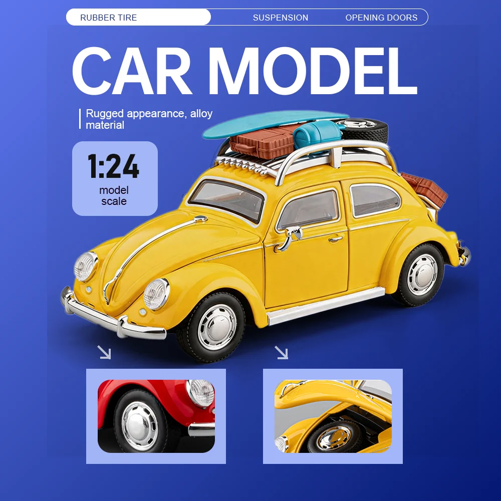 

1:24 Beetle Accord Miniature Model Diecast Car Toys Doors Opened Pull Back Rubber Tire Alloy Body Vehices Surprise Gifts for Boy