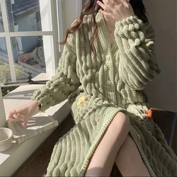 Women Coral Fleece Nightgown With A High-end Feel And Pure Desire For Style. Female Long Length Wth Sweet Thick Flannel Bathrobe