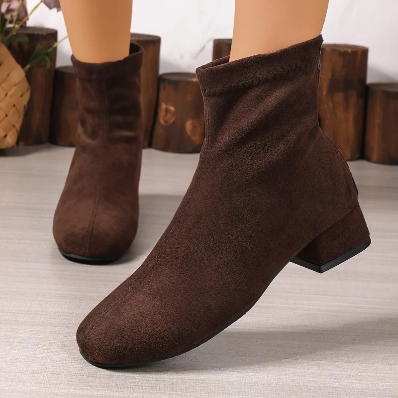 Botines de ante de invierno para mujer - elegantes botas cortas con tacón grueso y punta cuadrada - elegantes botas de mujer de talla grande con cremallera trasera