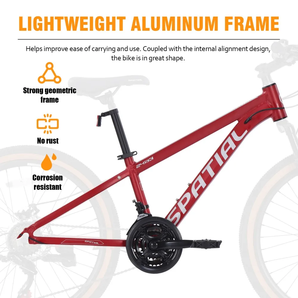 دراجة جبلية SPATIAL مقاس 24 بوصة، إطار ألومنيوم 21 سرعة MTB مع فرامل قرصية مزدوجة للمراهقين والبالغين