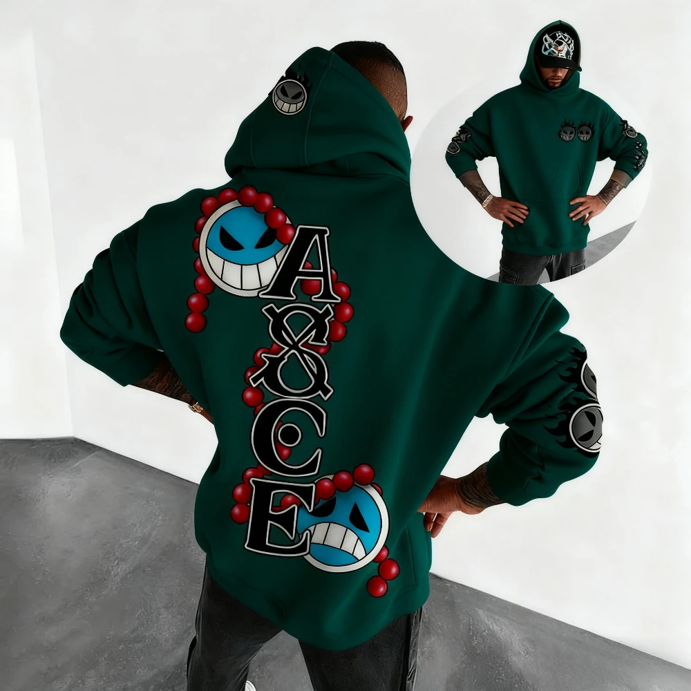 قطعة واحدة Ace أنيمي المتضخم هوديي الرجال النساء الشارع الشهير فضفاضة عادية الجرافيك طباعة البلوز سترة طويلة الأكمام ربيع الخريف