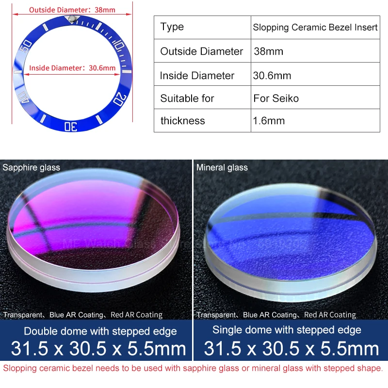 Sloped ceramic bezel insert 38*30.6mm Sub style Luminous pip at 12 For SKX007 SKX011 for Rlx SUBMARINER MOD watch parts