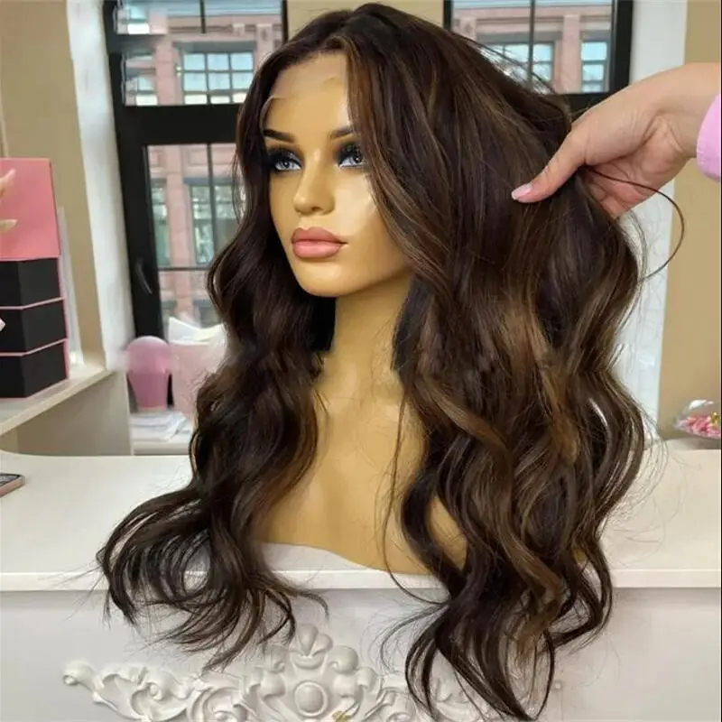 Glueless Soft 28'' Highlight Brown Body Wave 5x5 Silk Base Jewish Human Hair Wig With Baby Hair HD European Hair Preplucked Wig