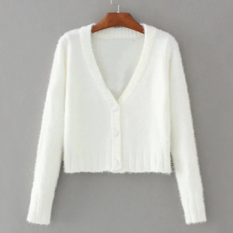 Spring New Cropped Cardigans Sweaters Woman Autumn Crop Tops Fluffy Long Sleeve V Neck Cardigan Womens White Black Soft Knitwear