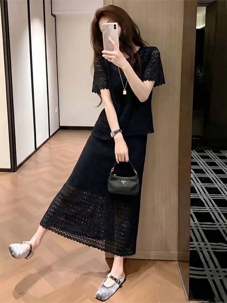

round Neck Lace Short Sleeve Top with Strap High Waist Long Lace Half Skirt Women's Fashion Set Summer Casual Style Two-Piece...