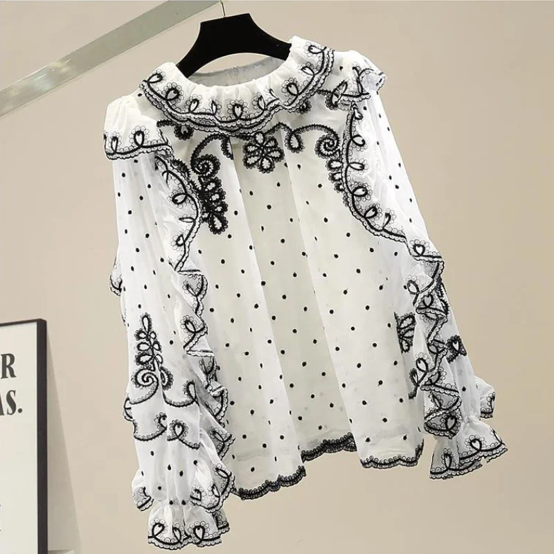 Design Embroidered Lace Shirt for Women Design Ruffled Collar Long Sleeve Loose Vintage Elegant Women Blouse French Style Blusas