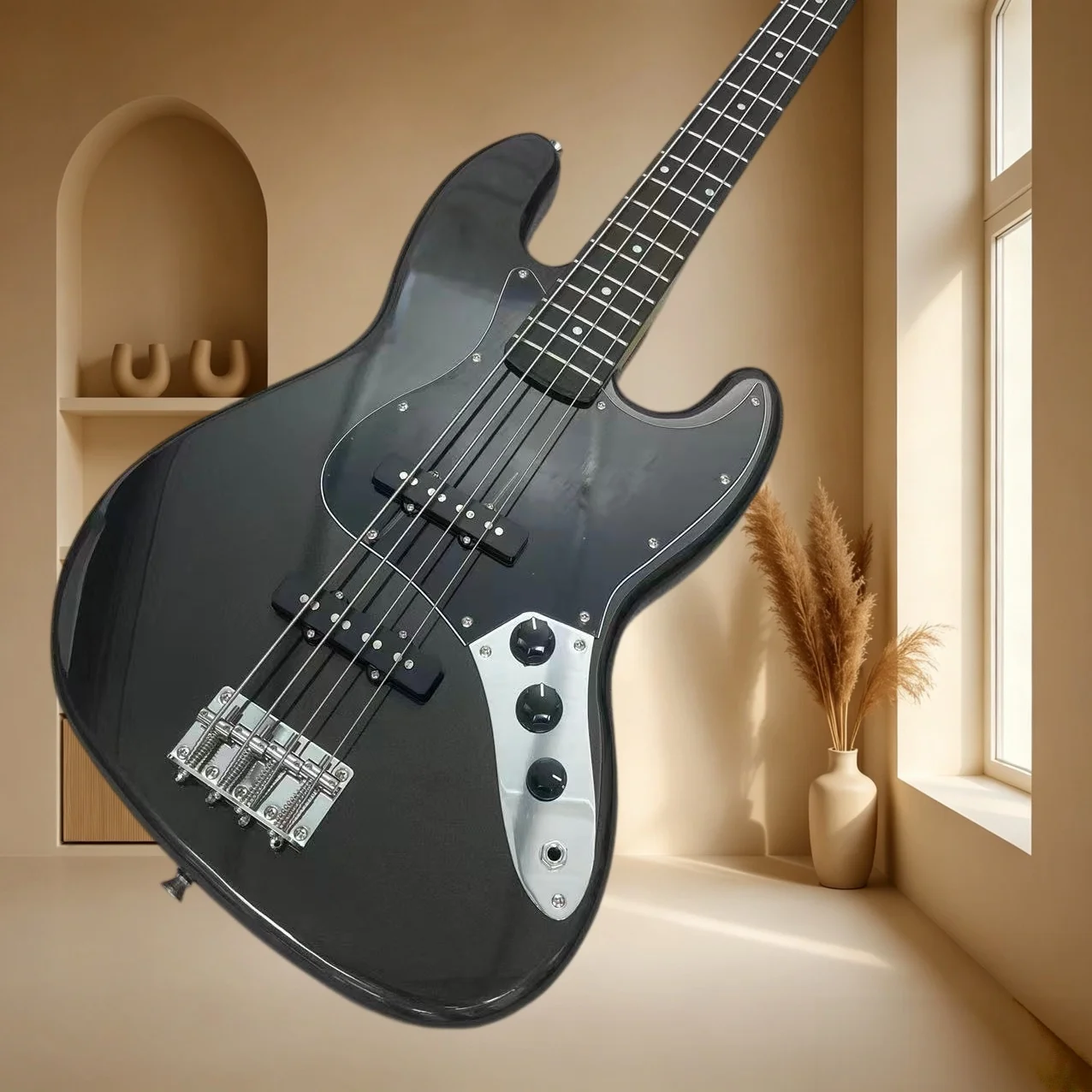 Gloss Black 4 String J Style Electric Bass Mahogany Body JJ Pickups Silver Pickguard For Funk Jazz Rock Band Performance