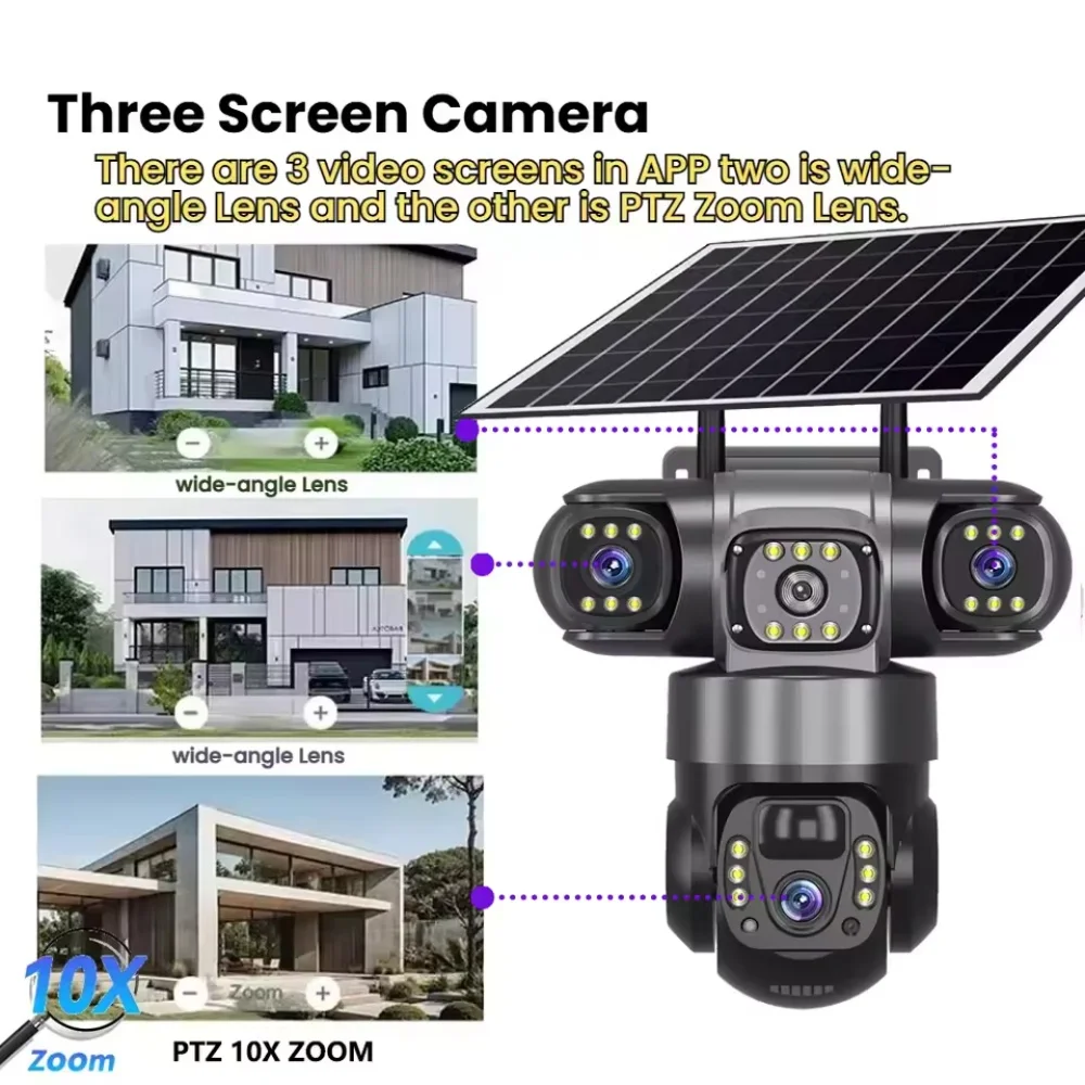 4G Solar Monitor Camera Outdoor Plugless 360° Field of View 15MP Triple Lens Monitor Remote PIR Motion Detection Security CCTV image 2