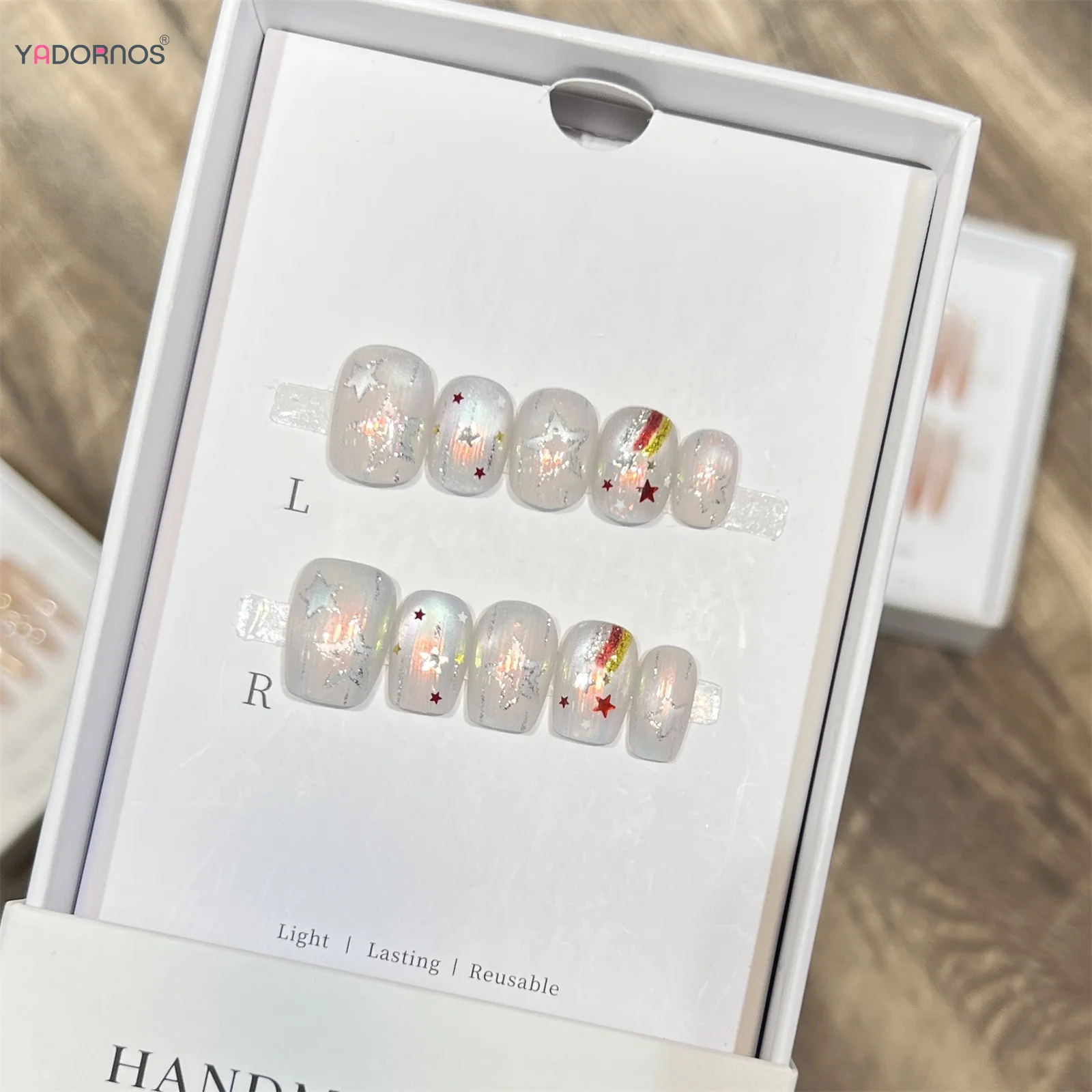10 Stück kurze künstliche Nägel, glänzend, Aurora, handgefertigt, zum Aufdrücken der Nägel, bunte Stern-Designs, vollständige Abdeckung, zum Aufkleben, falsche Nägel, Patches
