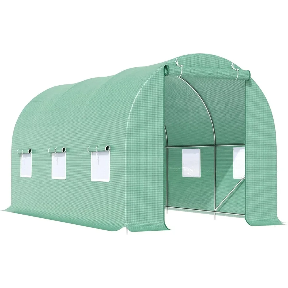 

15' x 6' x 7' Walk-in Tunnel Greenhouse, Garden Green House with Roll-Up Door and Windows, PE Cover