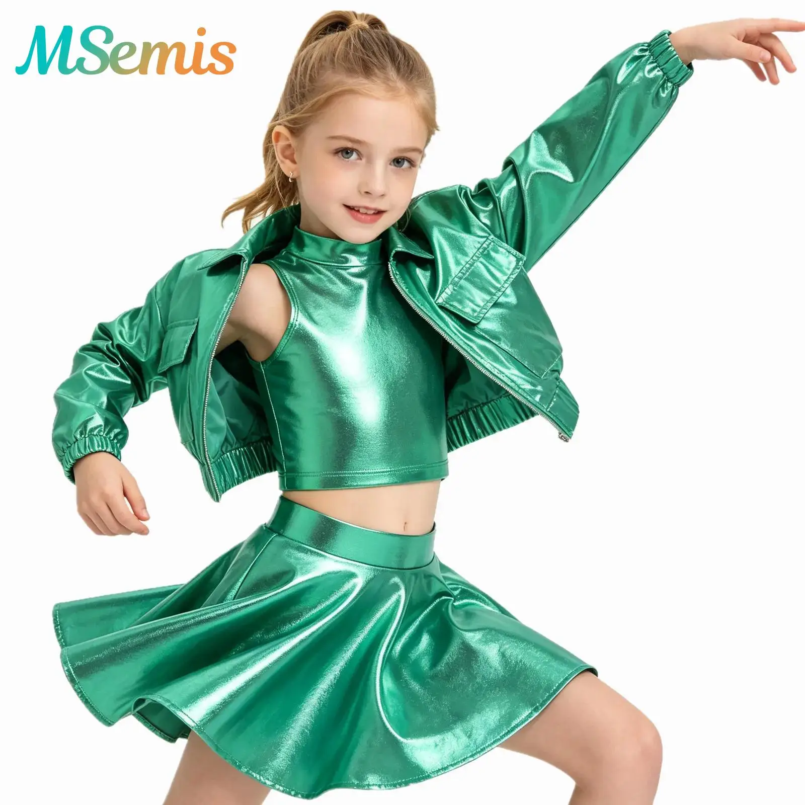 

Kids Girls Jazz Dance Outfits Dancewear Metallic Shiny Jacket Long Sleeve Outwear Turtleneck Crop Tank Tops Pleated A-Line Skirt