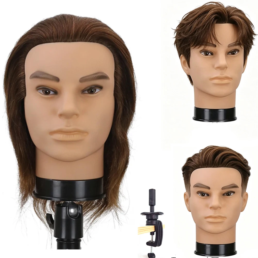 12インチの男性用理髪マネキンヘッド。100％本物の髪を使用しており、ヘアカットの練習に最適。美容師用の練習用マネキン。