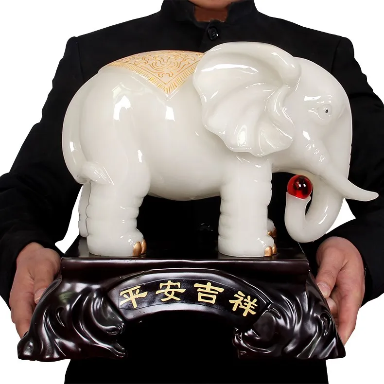 Hochwertiger 34 cm großer FENG SHUI ART Talisman für Büro und Zuhause, Geld anziehende, glückverheißende Jade-Elefanten-Skulptur/Statue